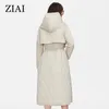 Ziai女性秋のキルティングジャケット女性長い薄い綿のトレンチコートフード付き隠しボタンベルトエレガントなウインドブレーカーZM-7285 211013