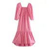BLSQR秋ピンクの女性のドレス女性正方形襟パフスリーブドレープ足首長さのコットンドレスvestidos feminino 210430