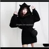 Womens Sweatshirts Harajuku Dark Black Sweatshirt Women Devil Cat Ear Lace Up Short Hoodies Goth Punk Cute Street Loose Pullover Femme Epxuo