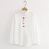 Women Blouse Colour Fish Embroidered Shirt Female Turn-Down Collar Tops Stripe Button Long Sleeve Loose Work Blous 210430