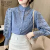 Crochet Hollow koronki szwy koreański styl bluzka kobiety seksowny rękaw puffowy stand-up kołnierz dolna cienka koszula 12731 210415