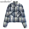 Jas vrouwen losse plaid batwing lange mouwen zakken jas draai kraag vrouwelijke bovenkleding chic tops uitloper 210604