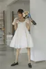 Vit puffhylsa sommarklänning Kvinnor Kort En linje Backless Jacquard Lolita Loose Korean Fashion Clothing 210427
