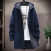 Fall Winter Men's Sweater Coat med push vadderad hatt, medium lång stickad tröja, cardigan, fleece ull varm kappa 211109