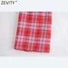 Zevity Nouvelles Femmes Vintage Rouge Plaid Imprimer Casual Une Ligne Midi Jupe Faldas Mujer Femelle Fermeture À Glissière Fendue Minceur Robes QUN743 210412