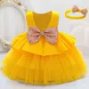 New 2021 Formal Child Baptism First 1st Birthday Dress For Baby Girl Clothing Princess Dresses With Headband Party Dress Bowknot G1129