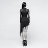 Casual Dresses Punk Gothic Women Black Hollow Out Asymmetrical Sideways Hem High Collar Soft Cotton Mesh Fashion