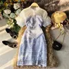 Robe en dentelle bleue Femme Summer O-Cou Mesh Patchwork Moulante Taille haute à manches courtes Vintage Mini Femme Vêtements 210603