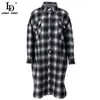 Frauen Plaid Print Midi Kleid Mode Designer Sommer Umlegekragen Langarm Casual Shirt 210522