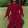 Sexy Women Tracksuits One Shoulder Long Sleeve Crop Top High Waist Wide Leg Pants Tracksuit Bandage Sporty Two Piece Set