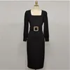 Spring Black Korean Elegant Party Midi Dress With Belt Women Long Sleeve Square Collar Fashion Office Female Pencil Vestido 210513