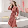 Geplooide jurk Fall Lange Mouw Chiffon Koreaanse Mode Dameskleding Sweet Bow Collar 210421