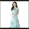 Casual Jurken Womens Kleding Apparel Drop Levering 2021 Mode Elegante Print Chiffon Sexy Midi Summer 2XL Plus Size Bloemen Vintage Baan