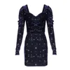 Misschien u Navy Blue Black Star Fluwelen Lange Mouw Mini Korte Potlood Jurk V-hals Print Winter Herfst Elegant Sexy D0828 210529