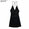 Kobiety Sexy Głębokie Neck Wiązany Aksamitna Sling Mini Dress Femme Backless Spaghetti Pasek Casual Slim Club Vestido DS4861 210416