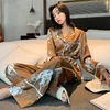 Luxo Lace Up Cinto De Seda Pijama Outono Mulheres Cetim Casa Roupas de Manga Longa Calças Sleepwear com Big Bolso para Ladia Presente