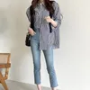 Women Blue Casual Simplicity Striped Blouse Lapel Long Sleeve Loose Fit Shirt Fashion Spring Summer 2F0568 210510