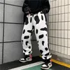 Pantalon femme pantacourt pantalon droit ample Ins femme imprimé vache Harajuku Ulzzang Kawaii pantalon de survêtement surdimensionné cordon de serrage Joggers