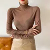 İnce Şeffaf Mesh Ince Seksi Esneklik T Gömlek Kadın T-shirt Uzun Kollu Tshirt Üst Yaz Kore Moda Giyim Tops 210604