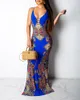 ファッション女性夏のエレガントなプリントカットアウトクリッスクロスバックマキシドレスレディVネックスパゲッティストラッププラスサイズドレス特大210415