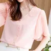 Szyfonowa koszula Kobiety Lato Moda Design Krótki Rękaw Wysoki Końcowy Różowy Bluzki Biuro Panie Casual Pracy Topy 210604