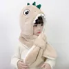 Piccolo dinosauro Protezione per le orecchie Cappello Sciarpa Bavaglino Un autunno e inverno Guanti da cartone animato in peluche carino per ragazzi Ragazze Completo a due pezzi