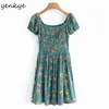 Holiday Summer Dress Women Sexy Square Neck Short Sleeve Elastic Waist A-line Casual Vintage Green Print Robe 210430