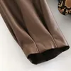 Streetwear Brązowy Kolor PU Skórzana Sukienka Kobiety V Neck Chic Midi z Belt Puff Sleeve Stylish Lady Proste ES 210430