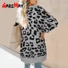 Leopard Print Long Cardigan Female Pocket Lantern Sleeve Loose Knitted Sweater Coat Women Thick Autumn Winter Outerwear Knitwear 210428