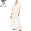 Women Dress Elegant White Lace es Deep V Neck Puff Sleeve Vintage High Waisted Hollow Out Maxi es 210513