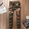 Men's Tracksuits Men's European Style Army Green Loose Set Hip Hop 2 Pieces Embroidered Phoenix Flower Men Clothes Hole Ripped Denim