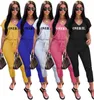 Kobiety Długie Spodnie Sportwear Moda Dorywczo Drukowane List Krótki Rękaw Crop 2 kawałek Zestaw Outfite Damskie T Shirt Legginsy Jogging Suit