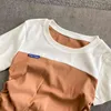 Kimutomo Couleur Contraste T-shirt Femme Patchwork O-cou À Manches Courtes Cordon Bandage Minceur Top Dame D'été Casual Mode 210521