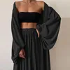 Sexy Women Three Piece Sets Fashion Casual Wrap Solid Tops And Wide Leg Pants Suits Elegant Soft Female 3 Piece Outfits