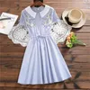 Mori Girl Summer Sukienka Kobiety Krótki Rękaw Kwiatowy Haft Elbise Blue Striped A-Line Bawełniane Suknie Casual Cute Vestidos 210520