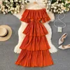 Korean Style Elegant Sexy Slim Fairy Dress Women Fashion Slash Neck Short Sleeve Cake Vestidos Girls Knee-Length Robes 210601