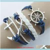 Charm JewelryWholesale- Bracelets Sier Bijoux Nautique Gouvernail Ancre Bleu Cuir Corde Bracelet Bracelet A1 Drop Livraison 2021 I7OYB