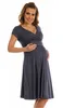 半袖夏の新マタニティ深いVネックドレス女性服エレガントな妊娠中の長い青のドレス