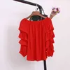 Spring and Summer One-line Collar Strapless Three-quarter Sleeve Shirt Female Lantern All-match Solid Color Top UK017 210506