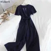 Sommar Casual Short Sleeve Jumpsuit Kvinnor Sashes Lossa Wide Leg Playsuit Ladies Overaller Party Club Fashion Jumpsuits 210519