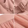 Kvinnors Kortärmad Singel Breasted Sashes Jacka Top och Mesh Skirt Två Piece Suit Sommar Rosa Tulles Maxi Kjolar Sets 210416