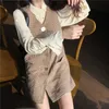 Vielleicht U Damen Khaki Hahnentritt Tank ärmelloses Kleid mit Hemd Umlegekragen 2 Zweiteiler Set Elegant Plaid Button T0152 210529