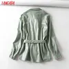 Tangada Women Light Green Faux Leather Jacket Coat with BeltLadies Long Sleeve Loose Oversize Boy Friend Coat 6A125 220112