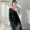 Matakawa الأسود والأبيض التباين خياطة الدانتيل vestido الكورية شيك الخامس الرقبة فام رداء ضئيلة الخصر الركبة طويلة الأكمام اللباس النساء 210513