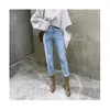 The Latest Autumn Xuan Yafeng Loose Slimming Thin High Waist Washed Light Blue Straight Jeans with 2 Buttons 210423