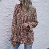 Summer womens tops and blouse print shirts spring floral long sleeve lace blouse top womens Bohemian Ruffles V-Neck shirts 210514