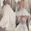 Czarowna Koronkowa Linia Suknie Ślubne Perły Zroszony Suknie Ślubne ślubne 2022 Robe de Mariee Sheer Długie Rękawy Custom Made Illusion Bride Sukienka Plus Size