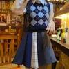 Super qualidade primavera outono tricotada camisola colete mulheres v neck sem mangas azul xadrez curto tops feminino waistcoat 210421