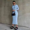 Knitted Ribbed Women Bodycon O-Neck Light Blue Sweater Dresses Sexy Long Sleeve Yellow Maxi Sweater Dresses Party Clubwear G3037 G1214