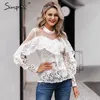 Ruffled lace mesh embroidery white women blouse shirt Elegant hollow out long sleeve female Sexy ladies party tops 210414